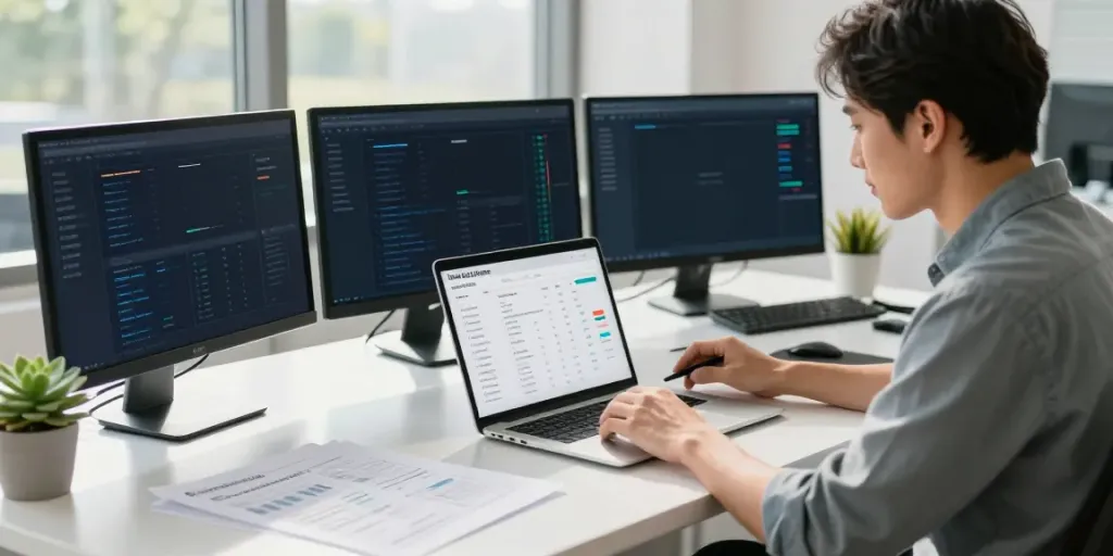 Digital marketer analyzing instant indexing strategies in a bright office.