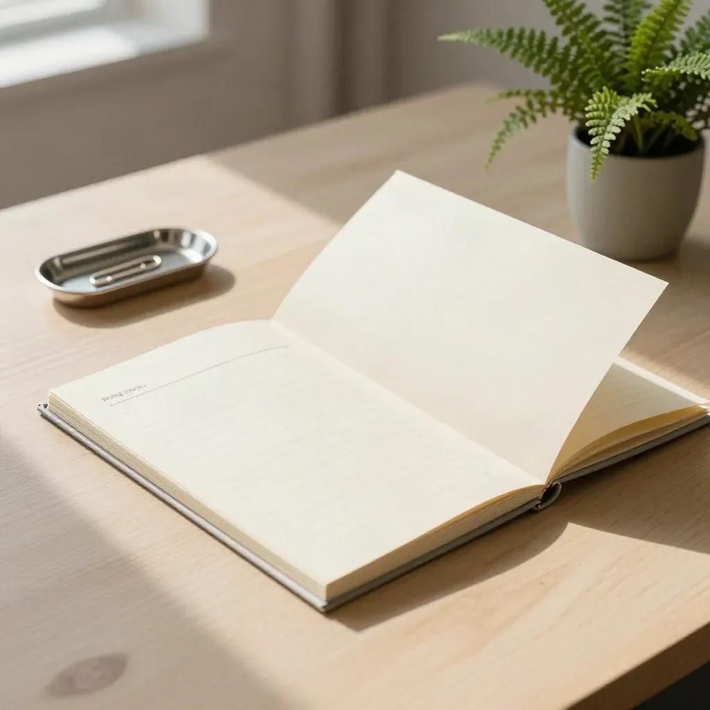 Cream HR checklist folder, pewter tray and fern on a pale wood desk in morning light