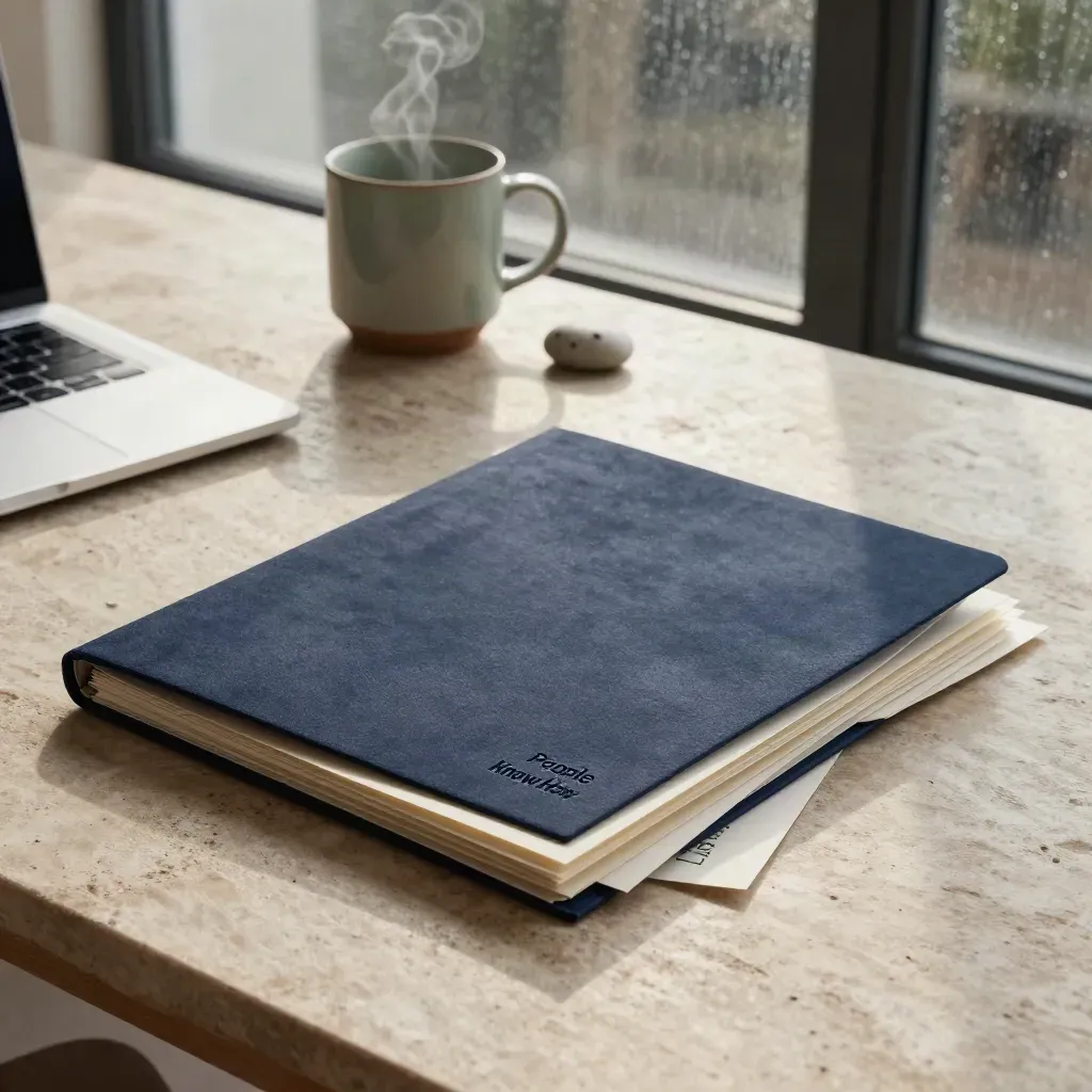 Consultancy briefing objects on a stone table with folders, laptop, mug and plant.