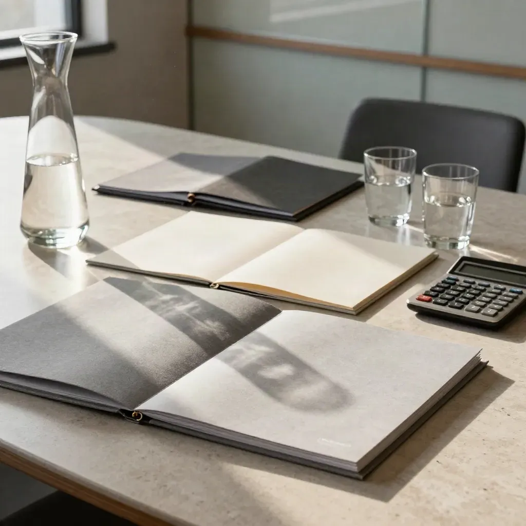 Boardroom table corner with strategy folders, calculator and glass carafe in late sun.
