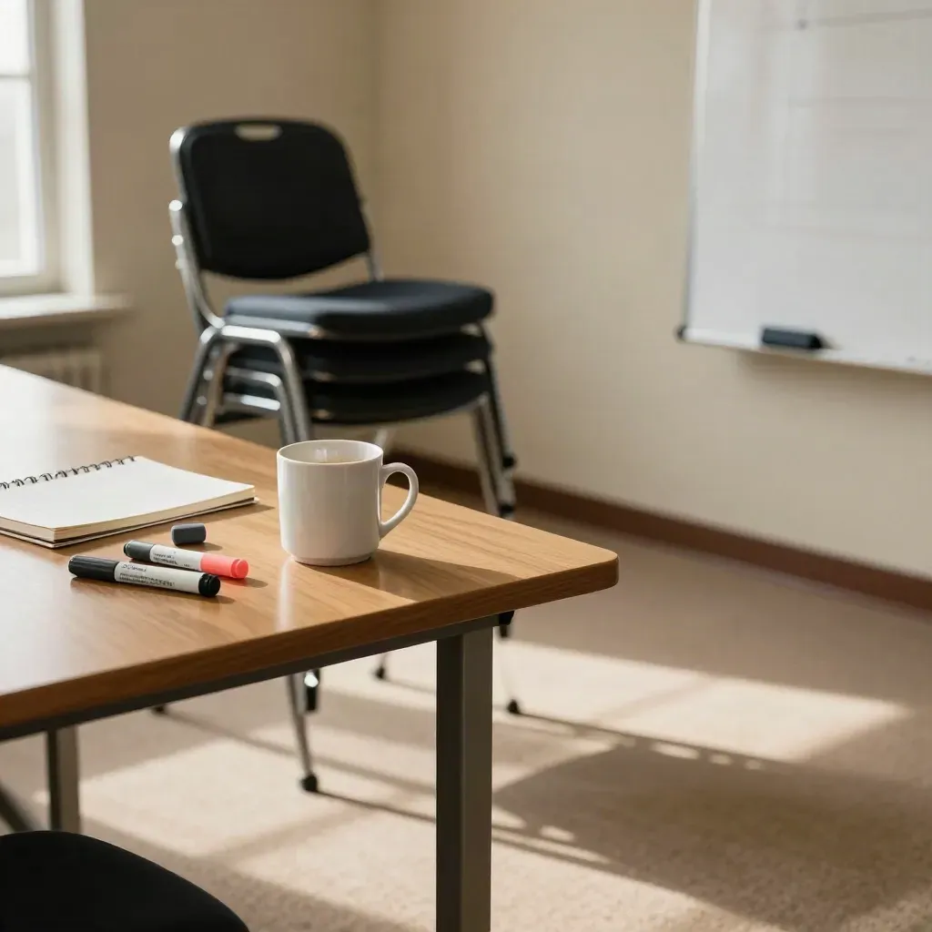 Empty training room table with stacked chairs, mug, caps, notebook and flipped chart