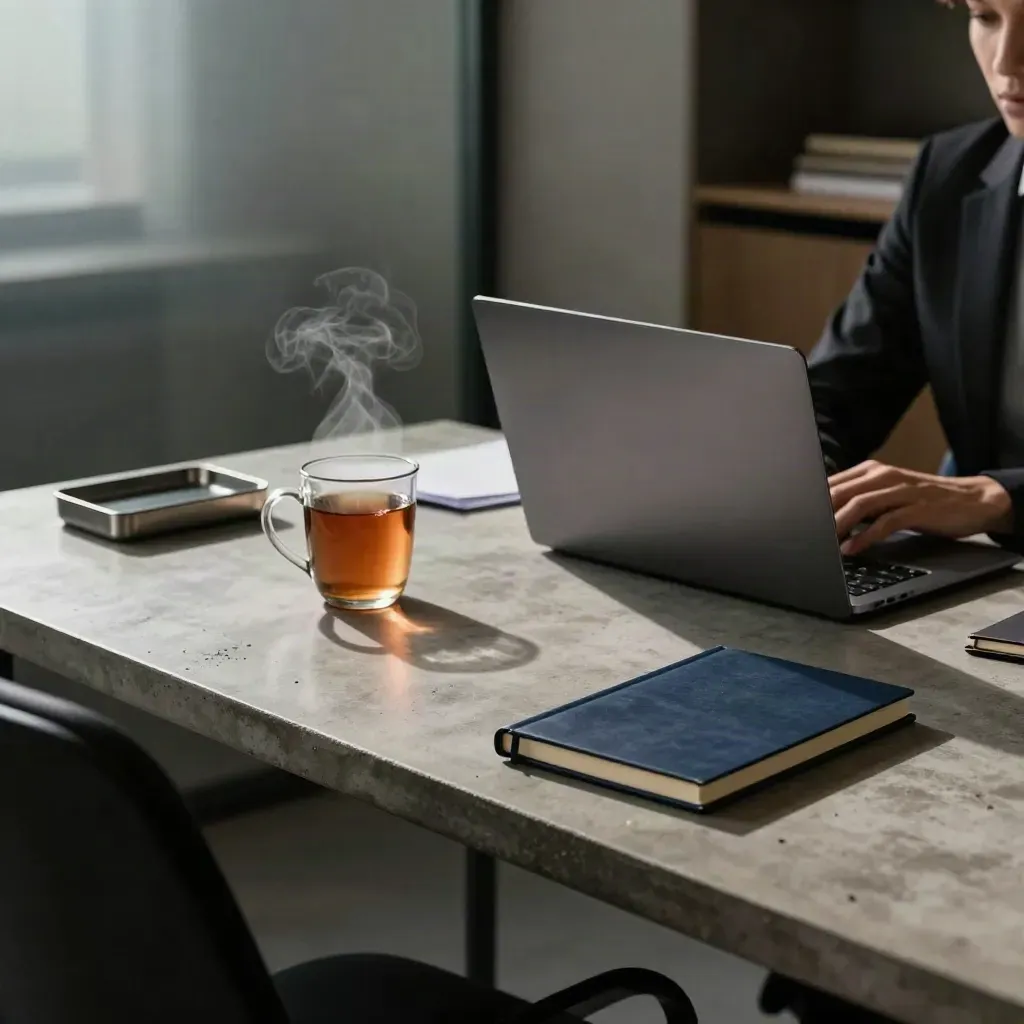 Quiet office desk with closed laptop, tea, phone base, and navy notebook after a coaching chat.
