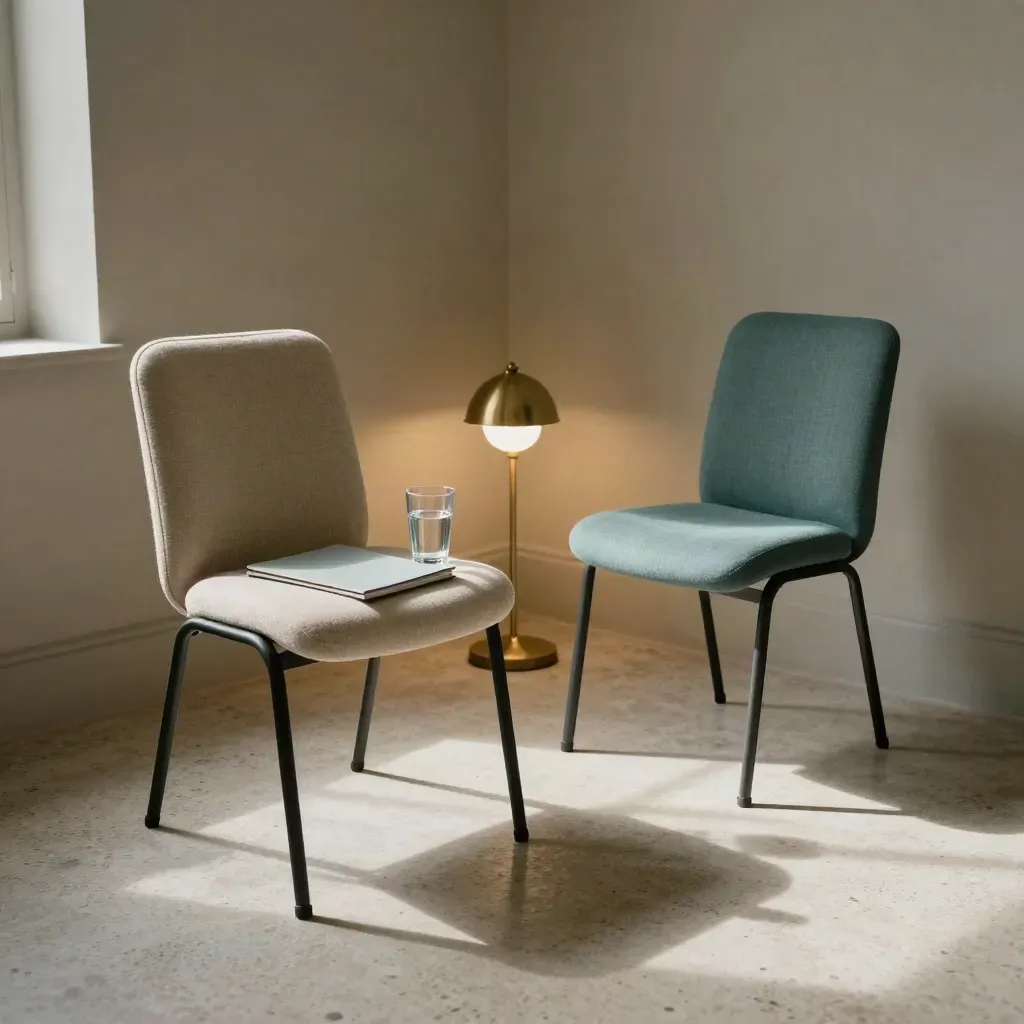 Empty interview room with two chairs, folder, water glass and lamp in morning light.