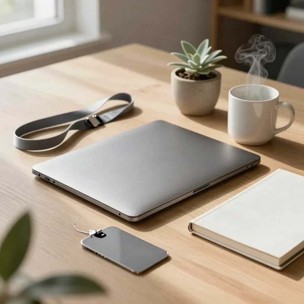 Onboarding starter kit on a pale oak table with laptop, notebook, lanyard, mug and plant
