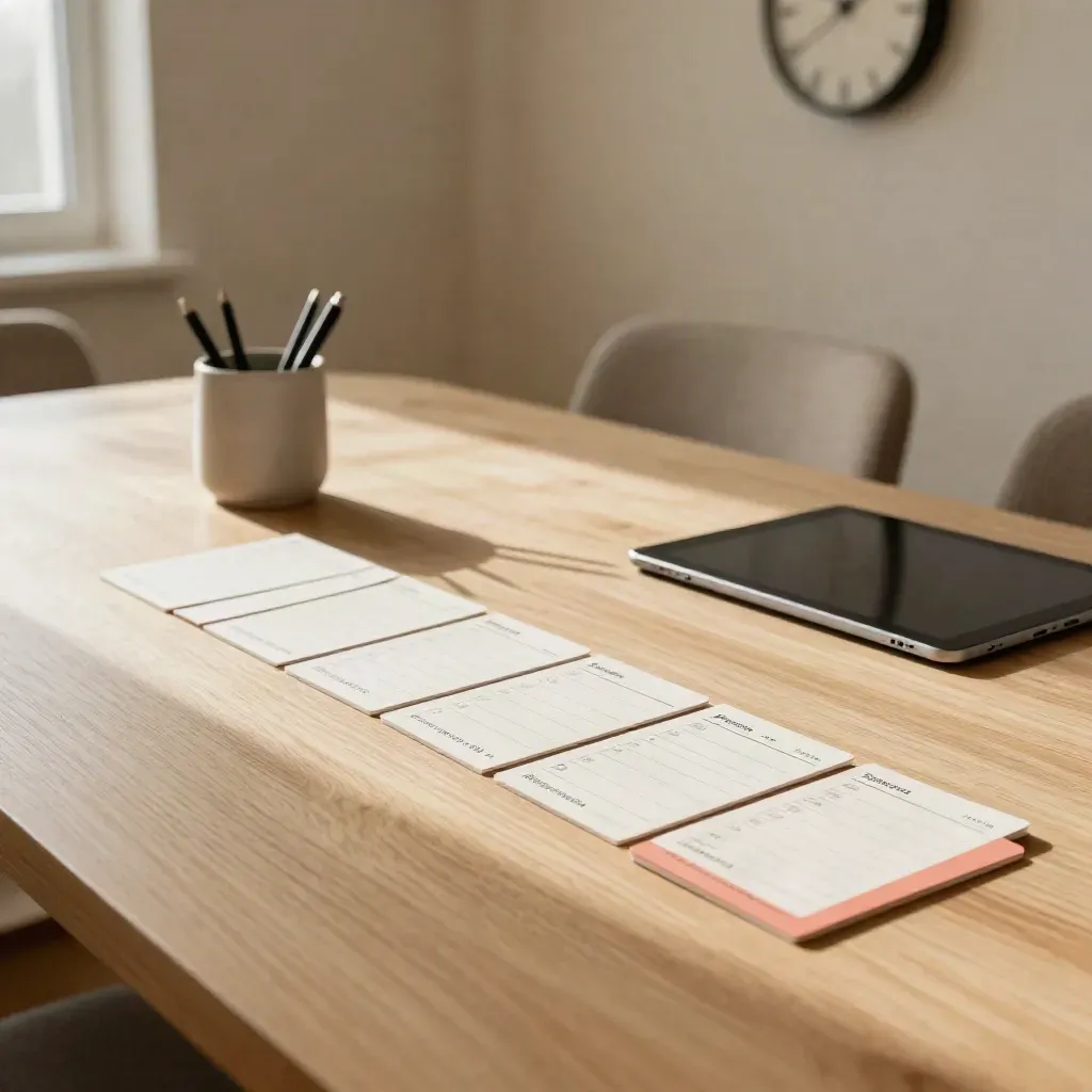 Review cards sliding on a meeting table beside a tablet, pen cup, and wall clock.