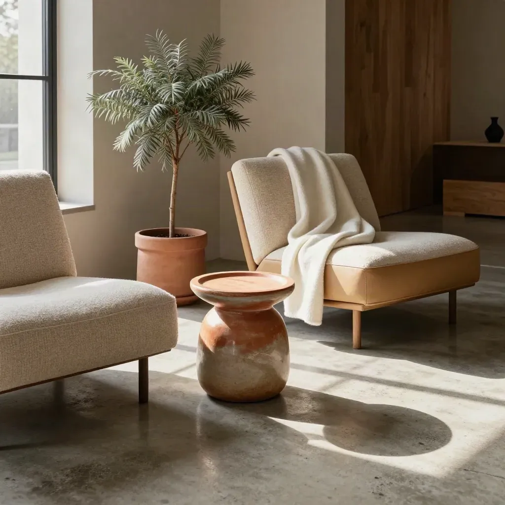 Softened breakout area with two lounge chairs, plant, ceramic side table and folded throw in late sun