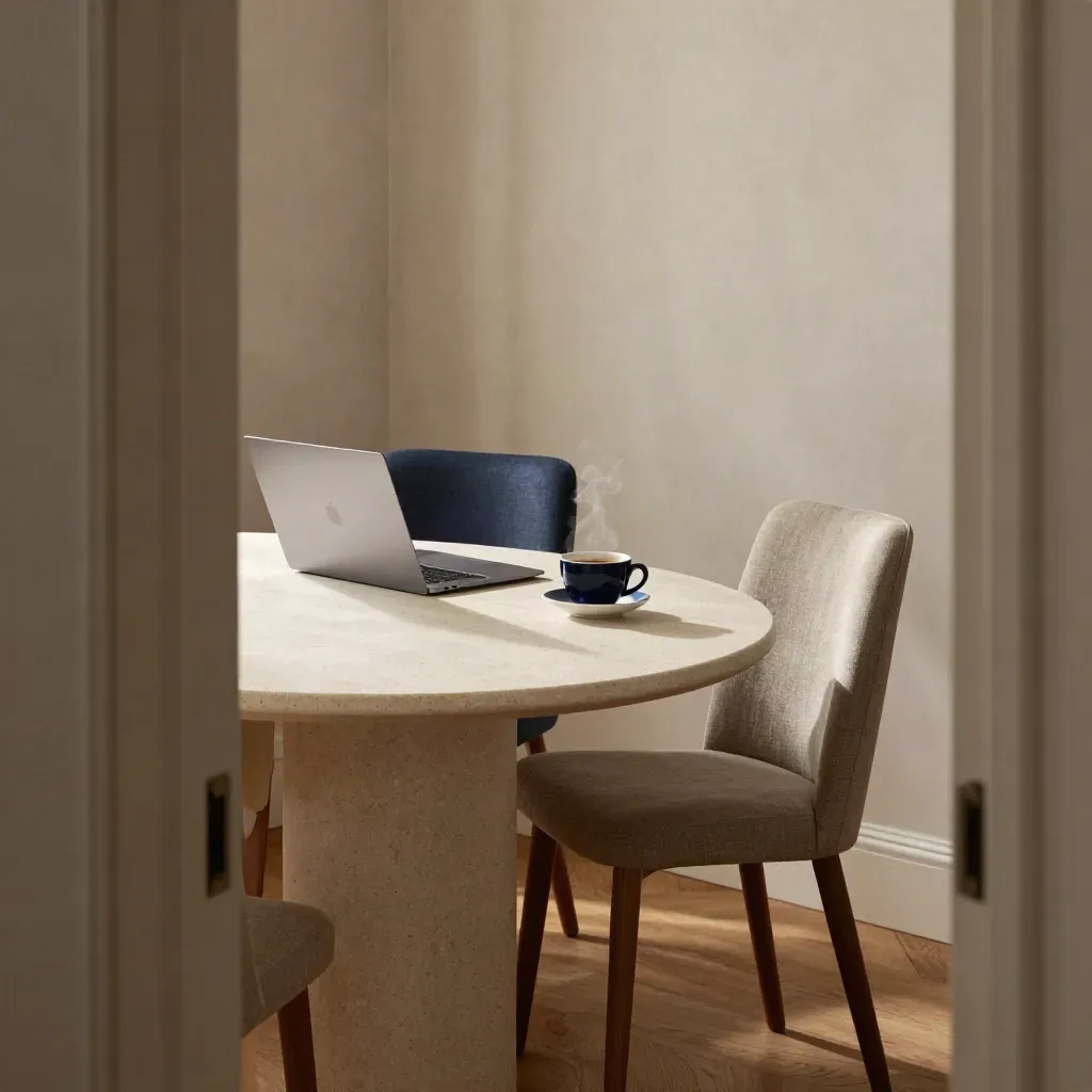 High corner view of a calm meeting room with round table, closed laptop, teacup and tucked chairs.