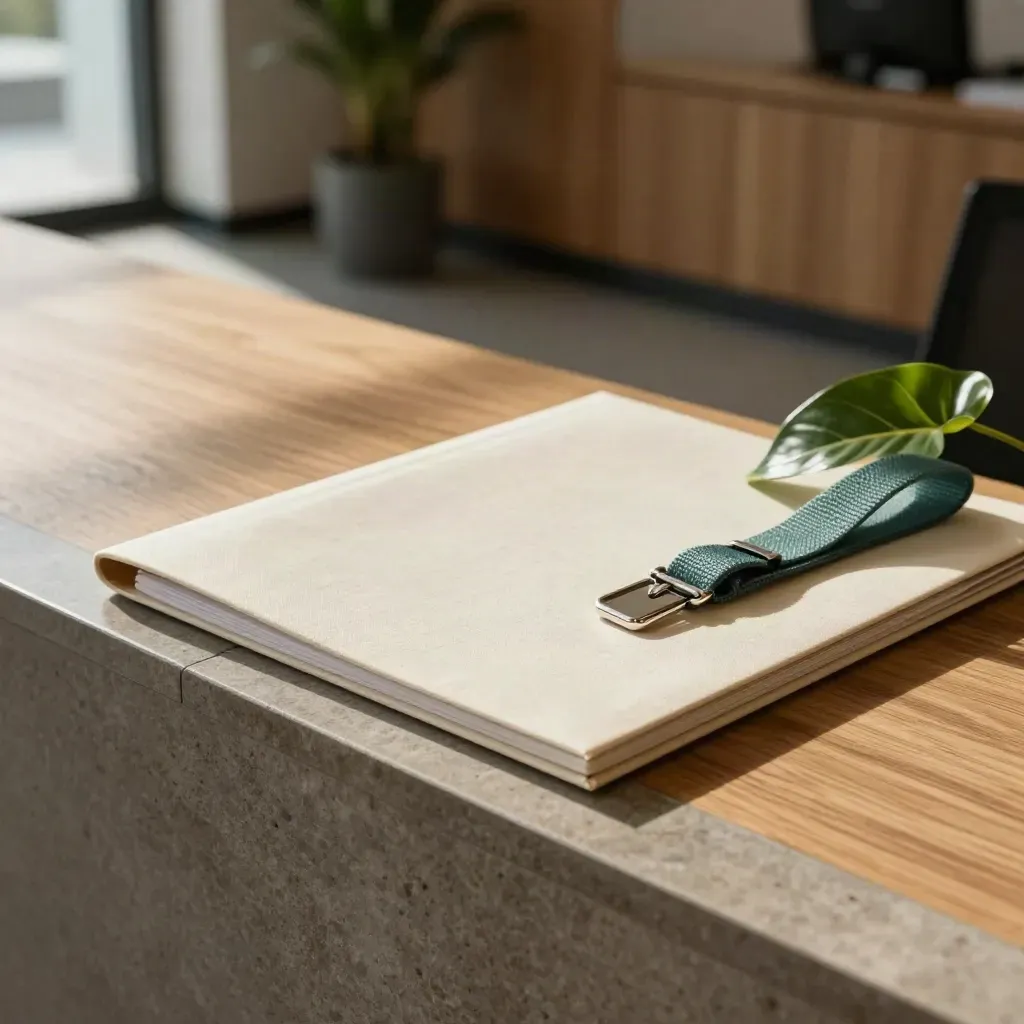 Onboarding folder, turned lanyard and plant beside a bench in warm window light.