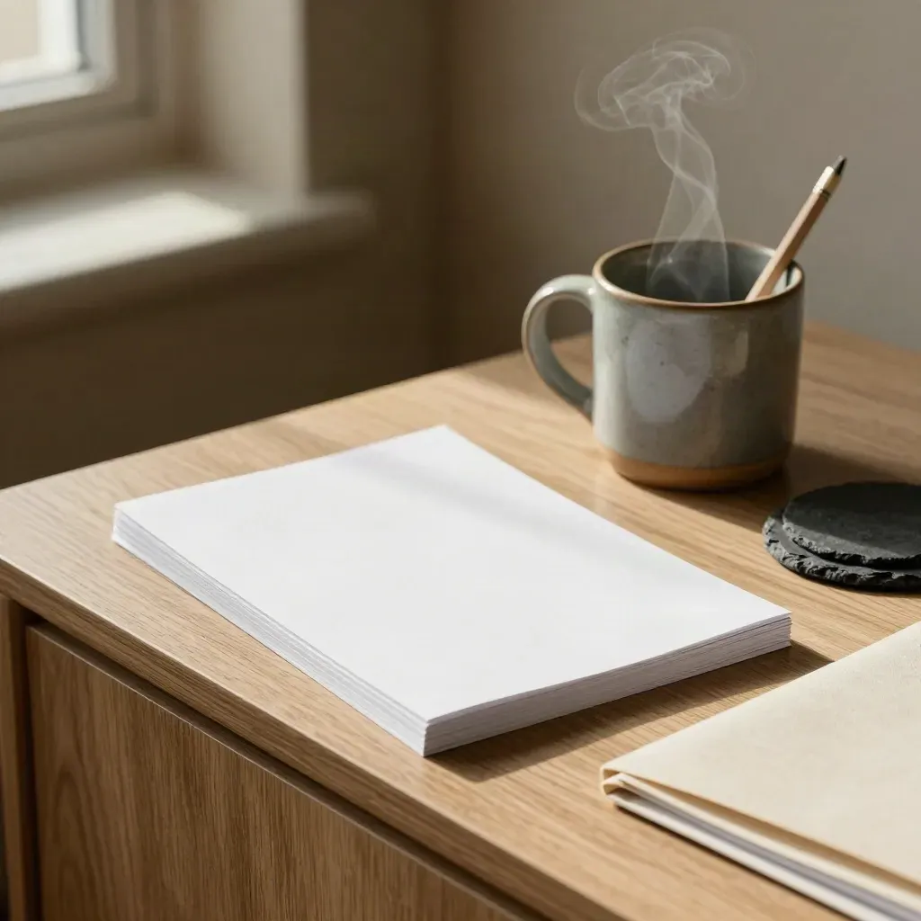 Slate cue cards, steaming mug and pencil cup on a side table in a quiet HR coaching room.