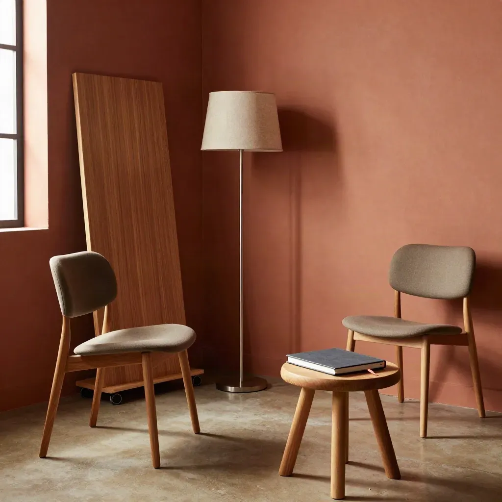 Workshop corner with chairs, lamp, turned wall board and closed notebook in soft daylight.