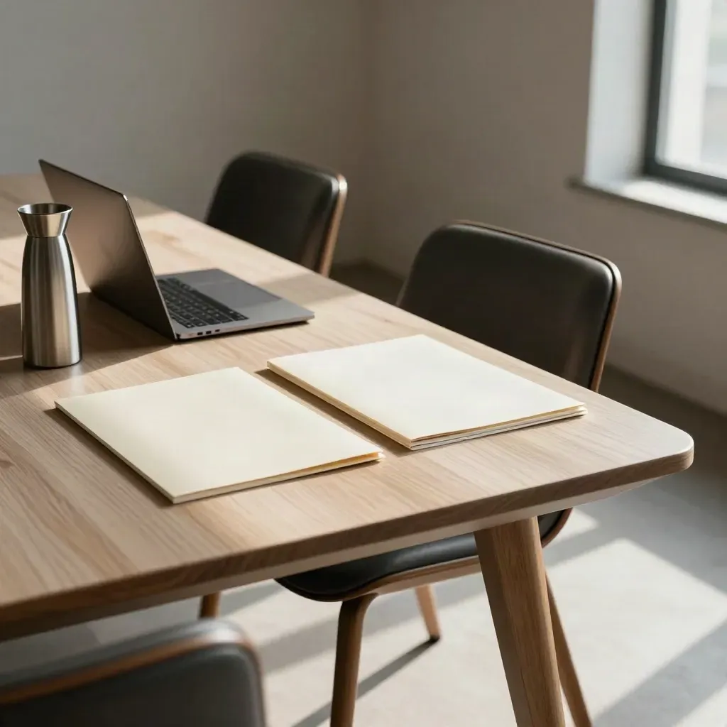 Conference room with leather chair, interview folders and closed laptop waiting for interviews.