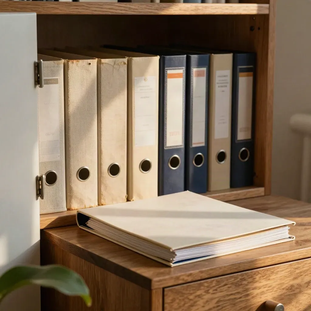 Warm office shelf with old binders, a fresh folder, and a plant in soft afternoon light.