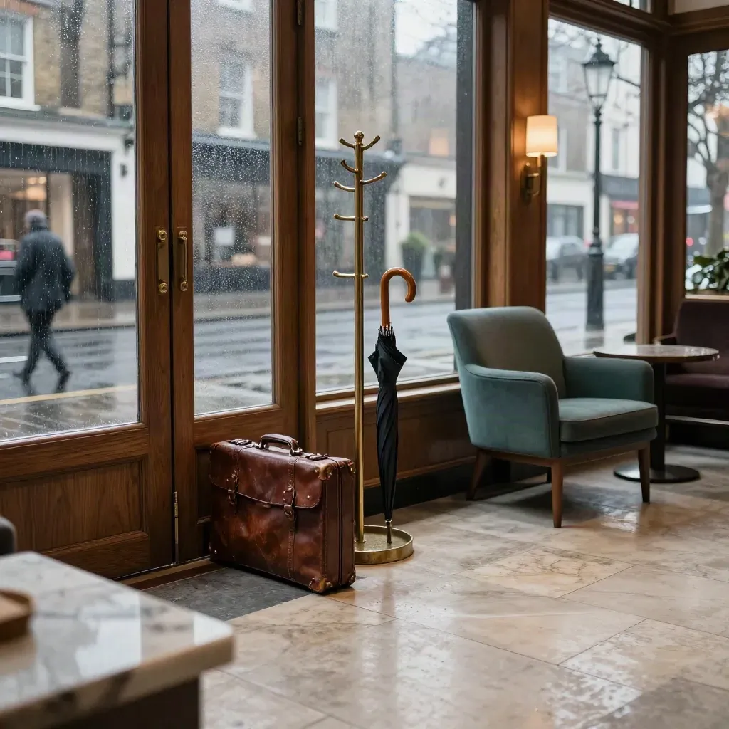 Rainy London lobby with briefcase, coat stand and umbrella beside rain-streaked glass.