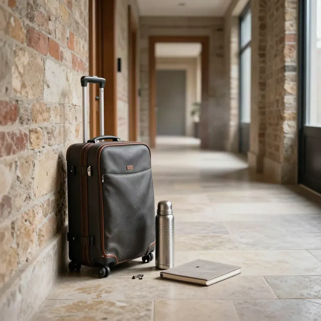 Corridor with suitcase, thermos and closed notebook in a brick-and-stone office, lit by cool doorway light.