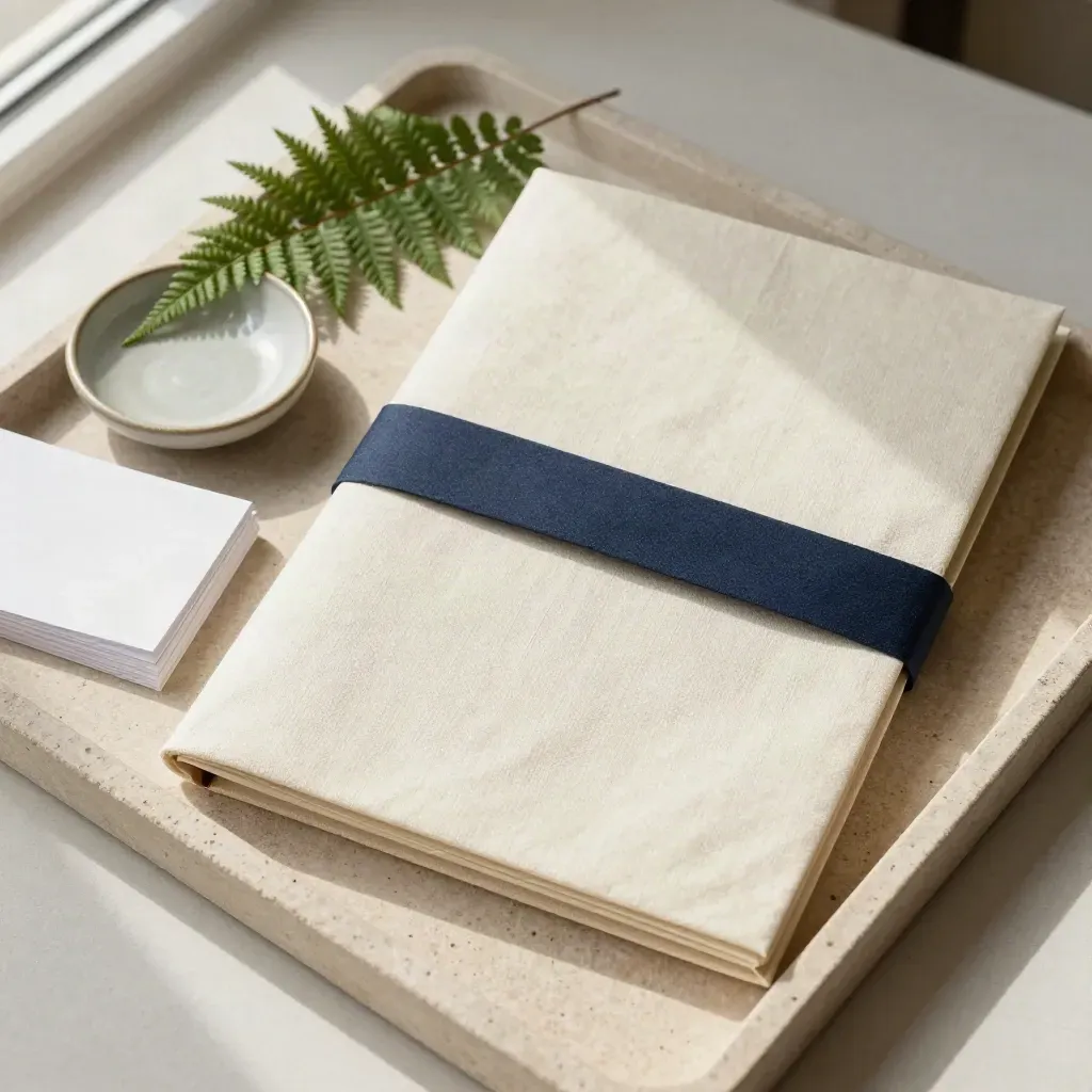 Cream onboarding folder, blank cards, ceramic dish and fern on stone tray in soft window light.