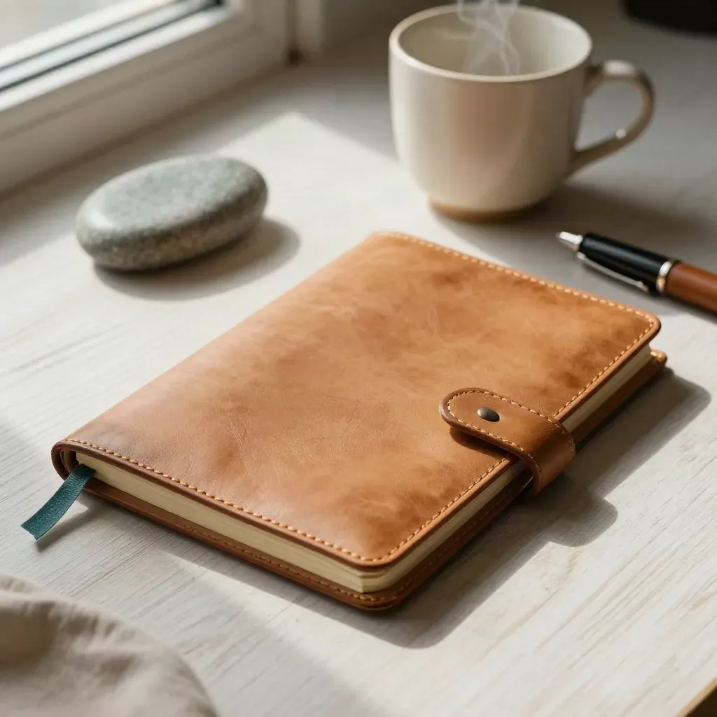 Leather notebook, stone paperweight and ceramic cup on pale wood for manager coaching.