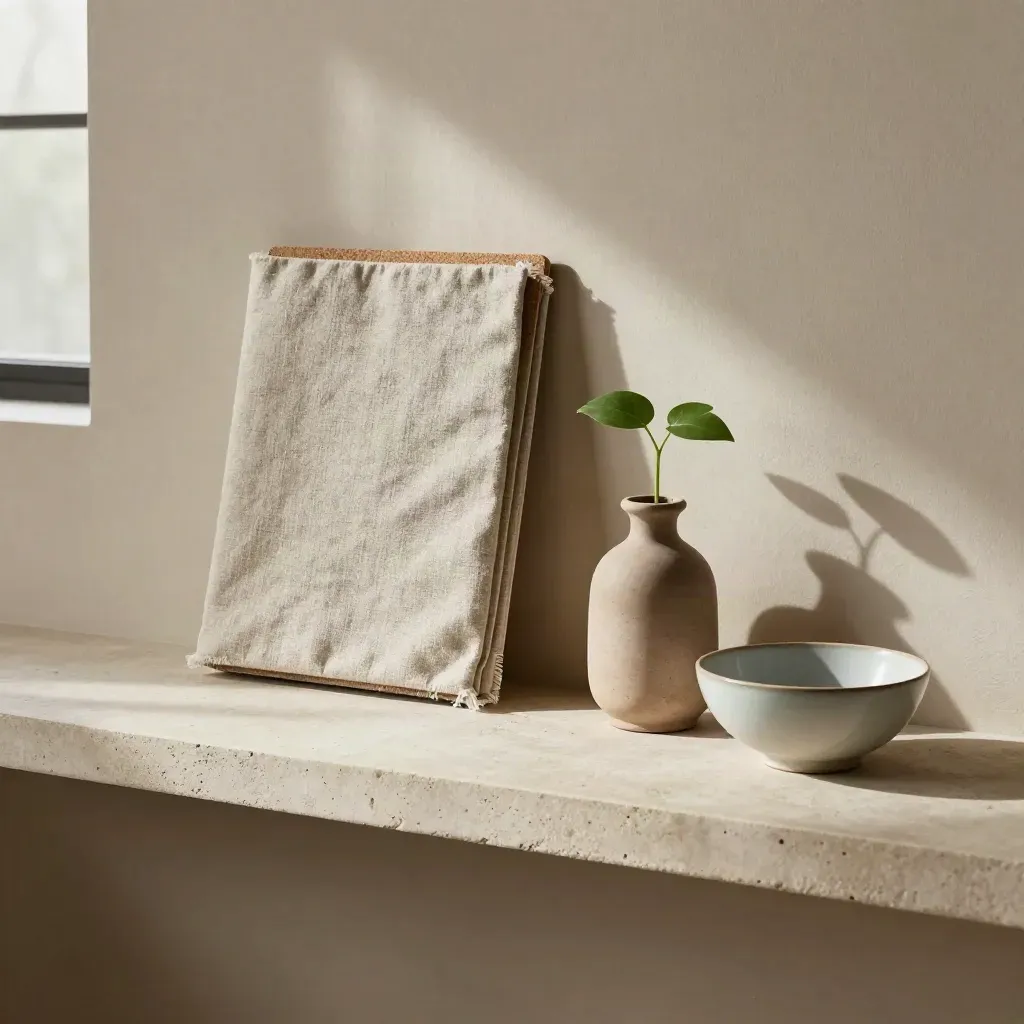 Linen folder, cork tile, plant cutting and ceramic bowl on a pale stone shelf.