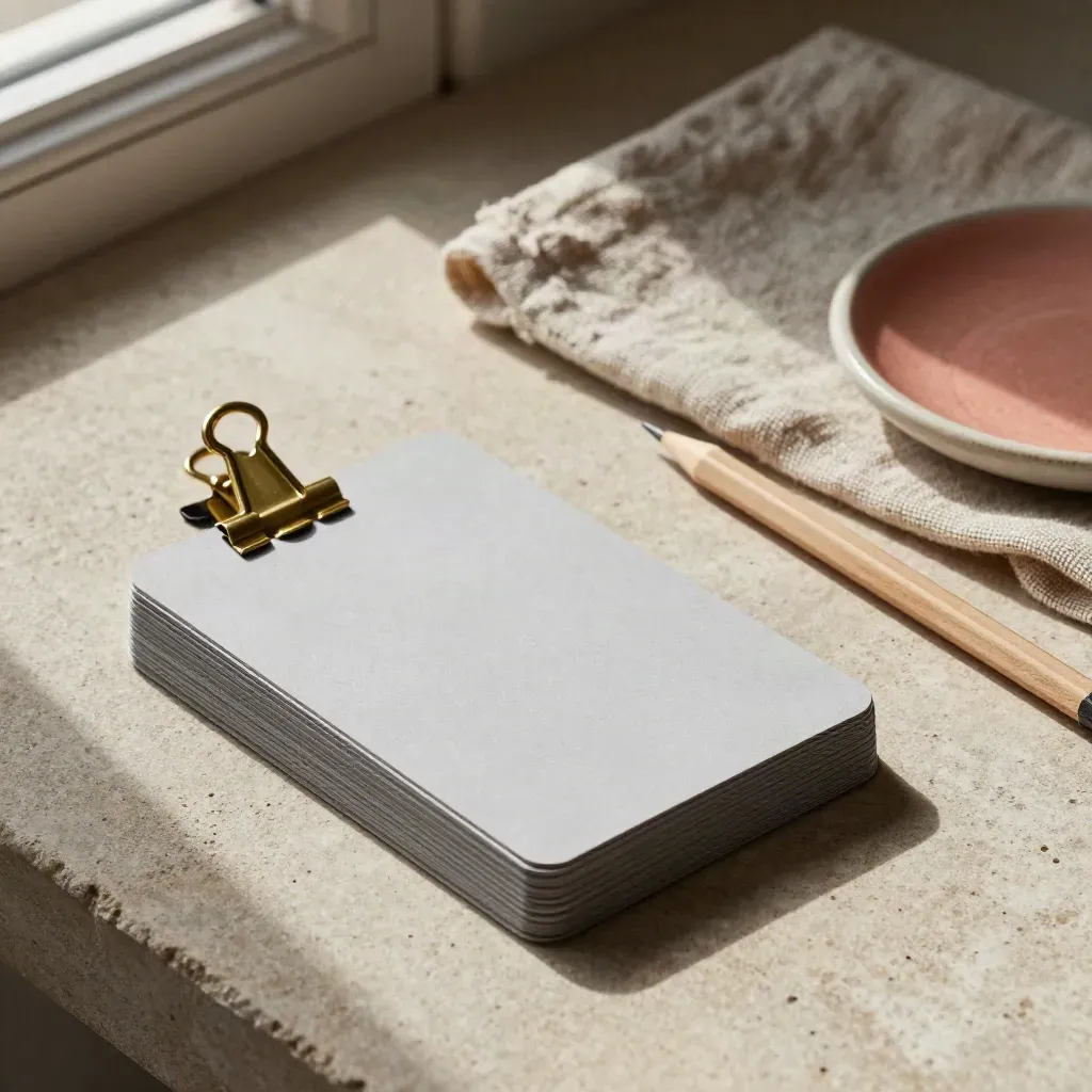 Process cards, brass clip, pencil and linen cloth on warm stone in soft light.